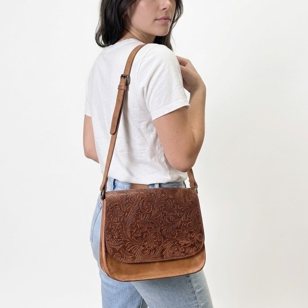 Hotter Crossbody Bag Women Small Tan Leather Floral Embossed Tooled Western Boho